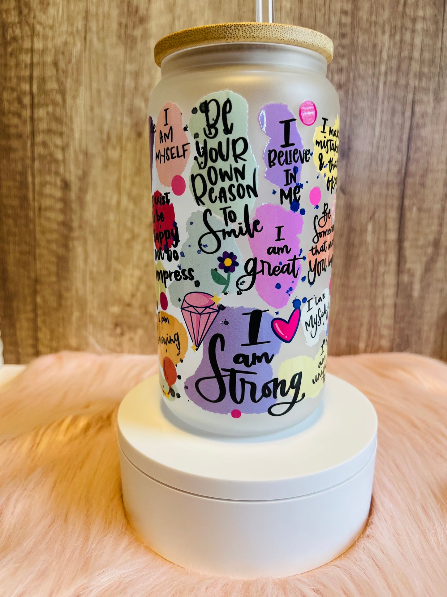 Decorative 16 oz Glass Cup with Bamboo Lid and Reusable Straw