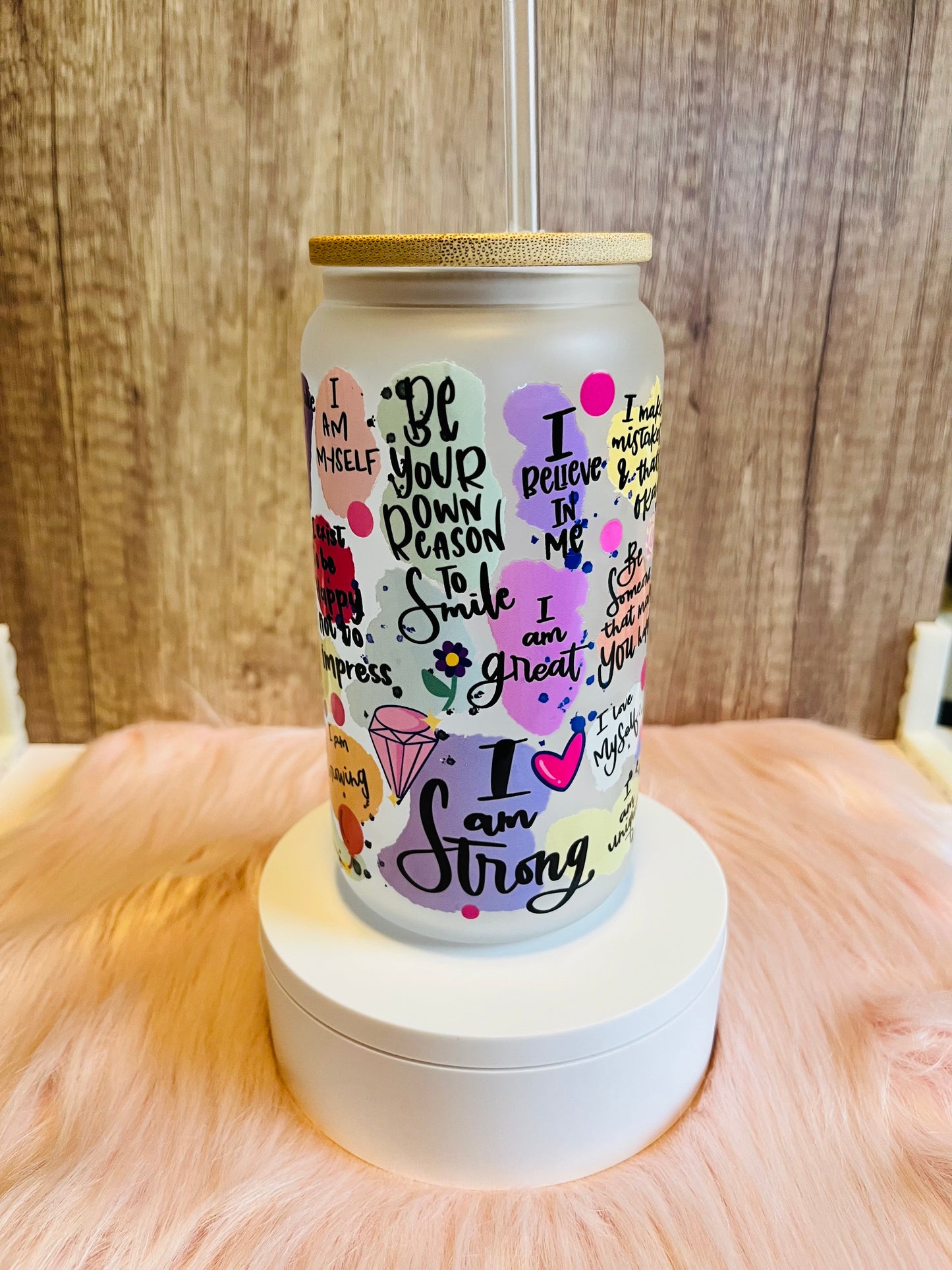 Decorative 16 oz Glass Cup with Bamboo Lid and Reusable Straw